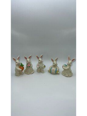 Set Of 5 Porcelain Bunny Figurines Holding Flowers Carrots & Easter Eggs